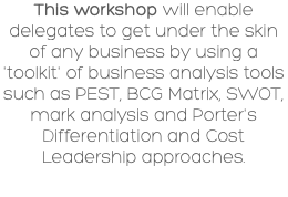 This workshop will enable delegates to get under the skin of any business by using a 'toolkit' of business analysis tools such as PEST, BCG Matrix, SWOT, mark analysis and Porter's Differentiation and Cost Leadership approaches.