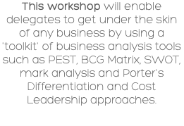 This workshop will enable delegates to get under the skin of any business by using a 'toolkit' of business analysis tools such as PEST, BCG Matrix, SWOT, mark analysis and Porter's Differentiation and Cost Leadership approaches.
