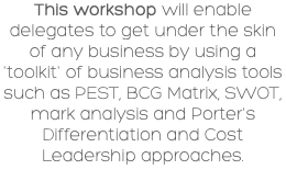 This workshop will enable delegates to get under the skin of any business by using a 'toolkit' of business analysis tools such as PEST, BCG Matrix, SWOT, mark analysis and Porter's Differentiation and Cost Leadership approaches.