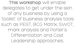 This workshop will enable delegates to get under the skin of any business by using a 'toolkit' of business analysis tools such as PEST, BCG Matrix, SWOT, mark analysis and Porter's Differentiation and Cost Leadership approaches.
