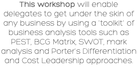 This workshop will enable delegates to get under the skin of any business by using a 'toolkit' of business analysis tools such as PEST, BCG Matrix, SWOT, mark analysis and Porter's Differentiation and Cost Leadership approaches.